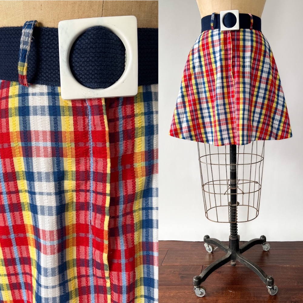 Vintage 60s 70s Plaid Red Blue Yellow Mini Full Skirt Mod Belt XS XXS W24 W25